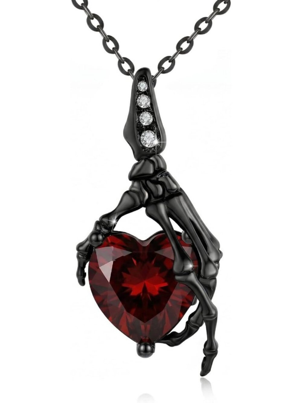 Gothic 925 Sterling Silver Skull Necklace with Heart Crystal Pendant - Unique